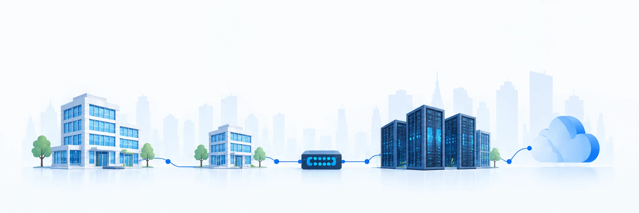 Illustration connecting an office, branch, gateway, data center and cloud