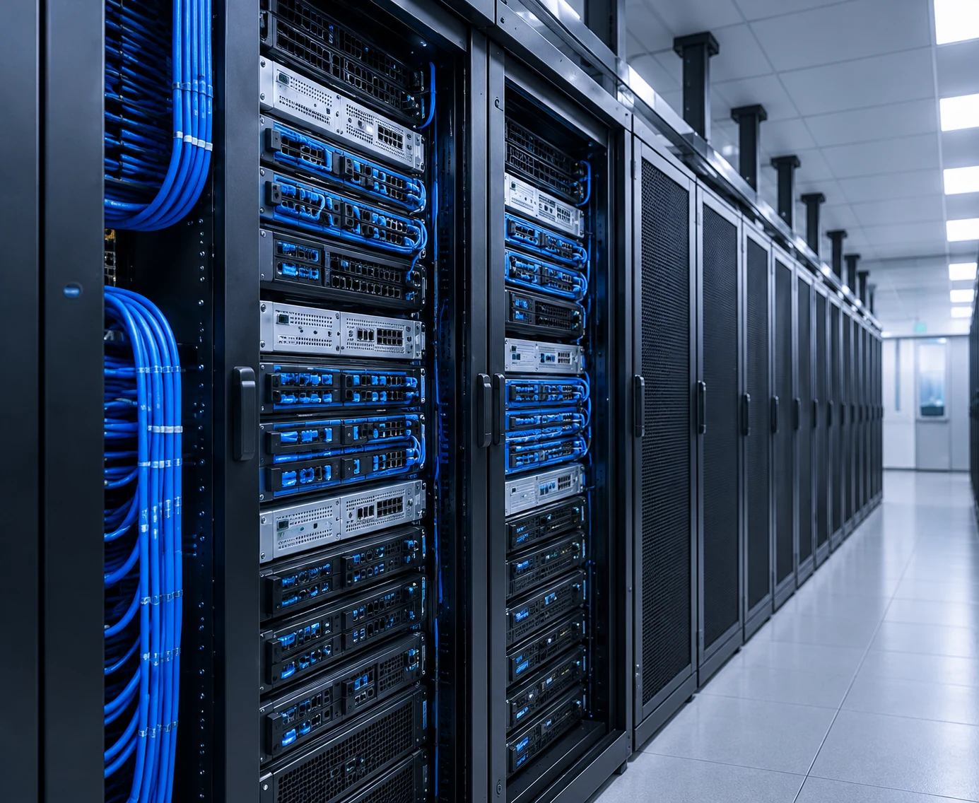 Illustrative network equipment and cabling in a server rack